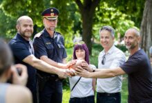 Das Team #BlockDieGewalt – Kipperer (Giants), Heiland (Polizei), Lang (Giants), Stadtrat Hohensinner, Reinberg (Wunderteam) (v.l.n.r.) © Katharina Plozner