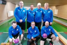 Das BL-Team des KSK Klagenfurt Magdalensberg in Steinberg (Bgld) stehend von links: Patrick Geier, BL-Teamkapitän Daniel Waldhauser, Obmann Werner Rössler und Walter Gruber; hockend von links: Martin Oberrauner, Günter Snieder jun. und Roman Leitner | ©KSK Klagenfurt-Magdalensberg