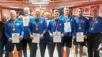 KSK Klagenfurt-Magdalensberg – Meister der Kärntner Landesliga 2024/2025 Stehend von links: KSKV Vize Gernot Harder, Adolf Pichler, Werner Rössler, Hannes Bergner, Günter Snieder jun. Rafael Waldhauser, Patrick Geier, Florian Zeleny und Ilija Lamesic ©KSK Klagenfurt-Magdalensberg