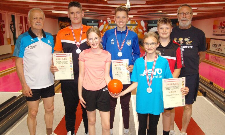 von links: LV Trainer Josef Lamprecht, Sandro Winter (Silber U-19), Lara Geier (U-15), Rafael Waldhauser (Silber U-15), Magdalena Leitner (Silber U-10), David Waldhauser (4. Platz, U-15) und LV Trainer Norbert Leitner © KSK Klagenfurt-Magdalensberg