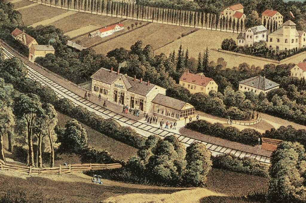 Der Veldener Bahnhof um 1900. Detail aus einem Gemälde von Carl Haas. © Veldener Gemeindearchiv