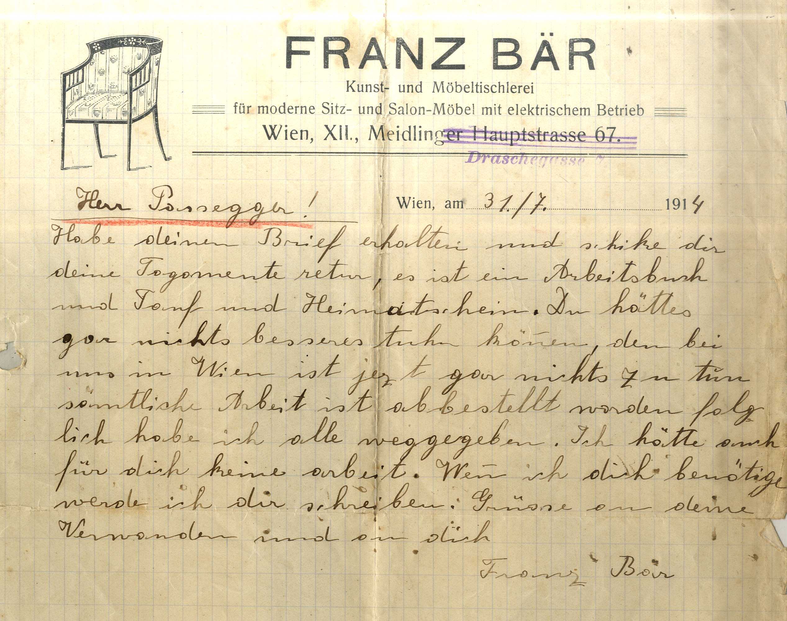 Brief vom 31. Juli 1914 © Günther Gasper