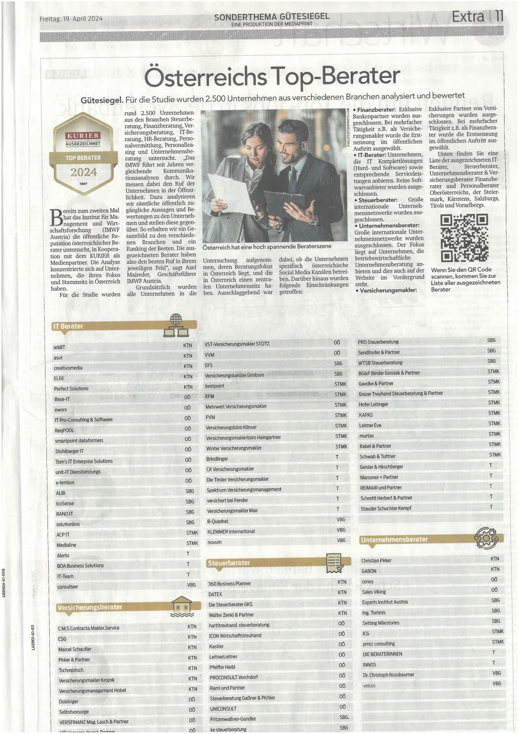 Auszeichnung als Top-Berater vom 19.04.2024 © Kurier