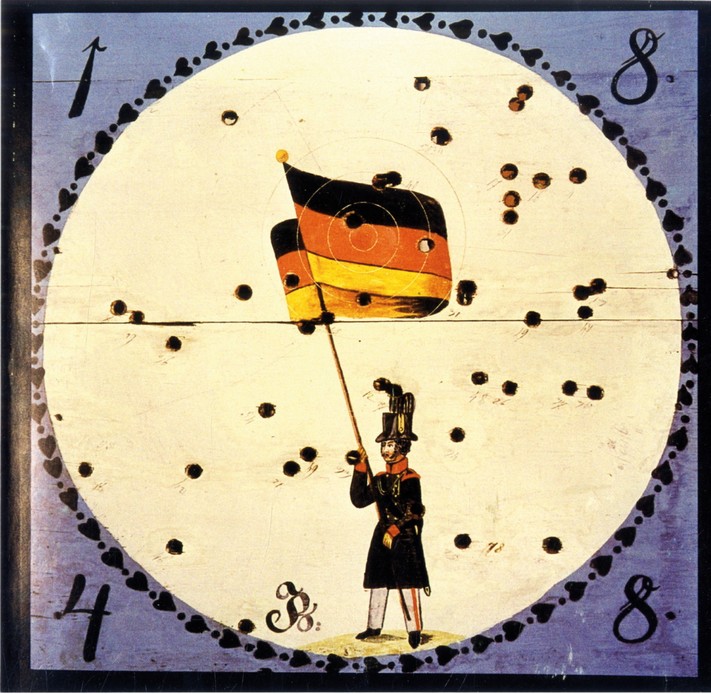 Die Schützenscheibe aus dem Jahr 1848 zeigt einen Nationalgardisten mit deutscher Bundesfahne. © Kärntner Landesarchiv